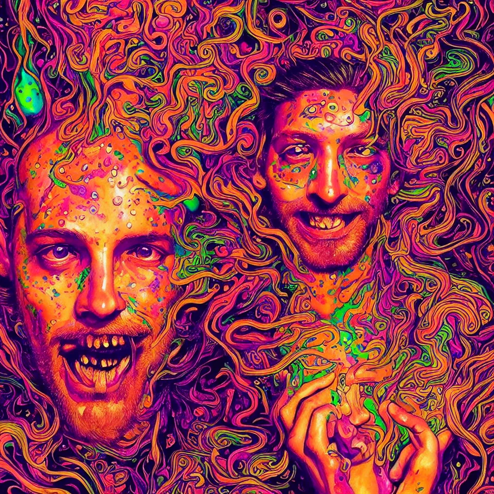 Image similar to happy psychedelic portrait of stoner tripping on lsd and becoming mushrooms, smiling franticly, diffuse lighting, fantasy, intricate, elegant, highly detailed, lifelike, photorealistic, digital painting, artstation, concept art, smooth, sharp focus, art by john collier and albert aublet and krenz cushart and artem demura and francis bacon