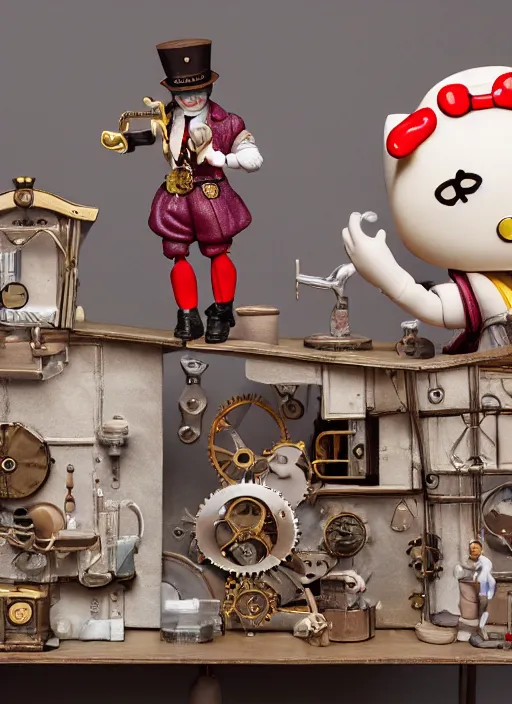 Image similar to product photography of a claymation action figure steampunk hello kitty, depth of field, zeiss lens, detailed, centered, by erwin olaf, joop geesink, wes anderson, breathtaking, 8 k resolution, extremely detailed, beautiful, establishing shot, realistic materials, hyperrealistic