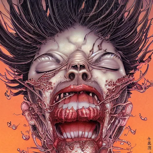 Image similar to closeup of face melting and tongues, by yoichi hatakenaka, masamune shirow, josan gonzales and dan mumford, ayami kojima, takato yamamoto, karol bak