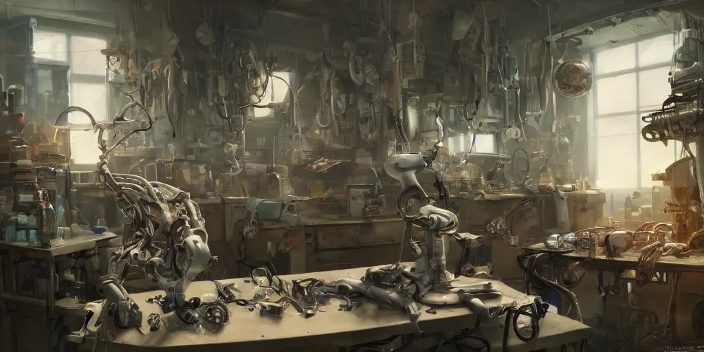 Image similar to an environmental concept art of an elderly woman cyberneticist in a cluttered workshop, surgical implements, surgery table, robotic arm, highly detailed, cinematic, dramatic, cyberpunk, dieselpunk, scifi space station, horror, bladerunner 2 0 4 9