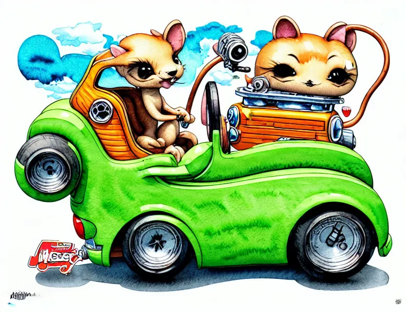 Image similar to cute and funny, weasel riding in a tiny hot rod with oversized engine, ratfink style by ed roth, centered award winning watercolor pen illustration, isometric illustration by chihiro iwasaki, edited by range murata, tiny details by artgerm and watercolor girl, symmetrically isometrically centered