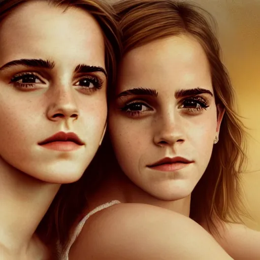 Image similar to beautiful serene intricate portrait of emma watson and emma watson taking a selfie, relaxing on the beach, golden hour, soft focus, 8 k, art by irakli nadar, hyperrealism, hyperdetailed, ultra realistic