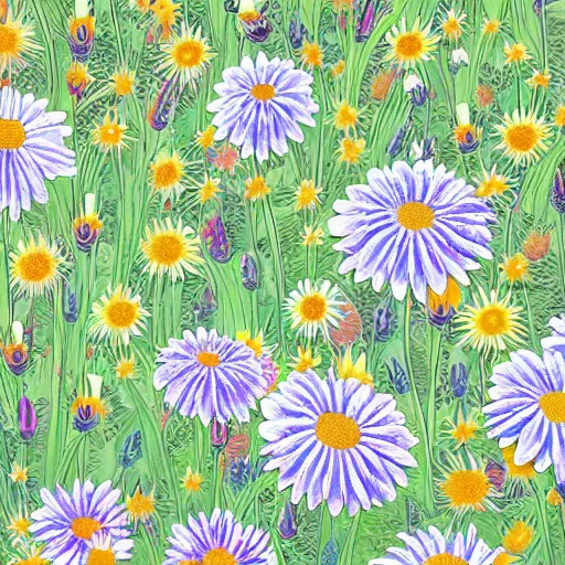 Image similar to highly detailed daisy pattern growing out of books, in the style of old botanical illustrations, matisse, lisa frank, and japanese art, 4 k