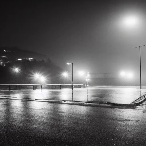 Prompt: empty carpark in the fog, night time, rain, cinematic, wide angle composition