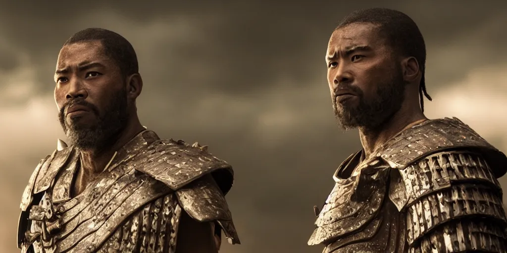 Image similar to a film still of a black man starring in a japanese blockbuster film as an ancient samurai, shallow depth of field, cinematic, award winning cgi, vfx, film still