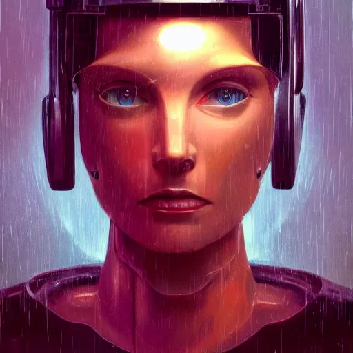 Image similar to detailed face of a synthetic human, clockwork woman, moment, tectonic sky, skydome, bullet train, tech noir, wet reflections, prism, atmospheric, ambient, pj crook, syd mead, livia prima, greg rutkowski, edward hopper