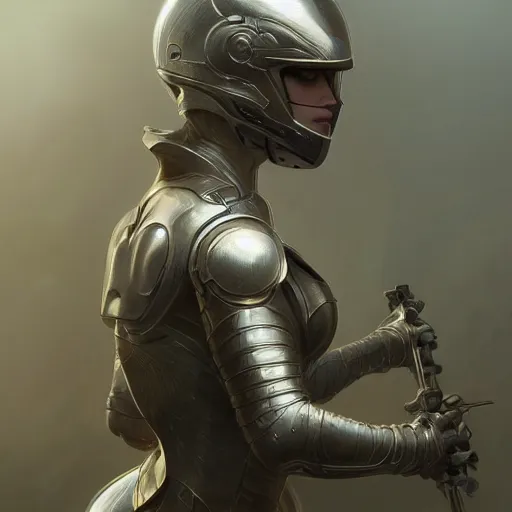 Image similar to pale skinned woman wears a metal helmet, fog, volumetric lighting, intricate, elegant, highly detailed, digital painting, artstation, concept art, smooth, sharp focus, illustration, art by artgerm and greg rutkowski and alphonse mucha