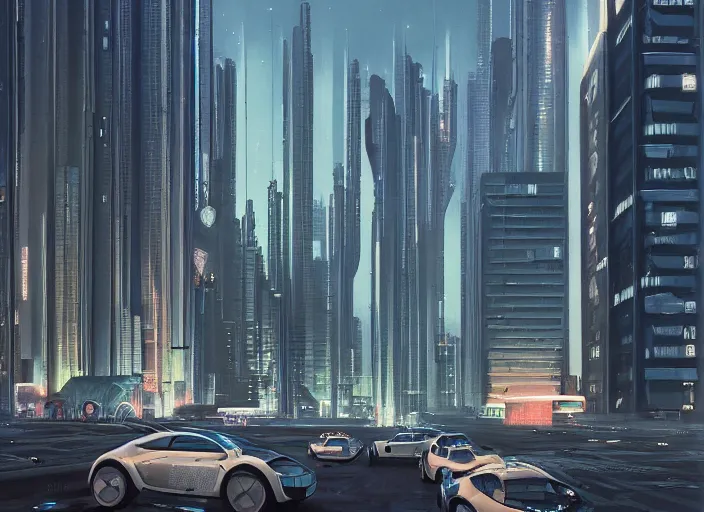 Image similar to 5 cars driving down a street in the city of Eindhoven next to tall buildings the night at 8:00 am, cyberpunk art by Chesley Bonestell, cgsociety, retrofuturism, matte painting, reimagined by industrial light and magic