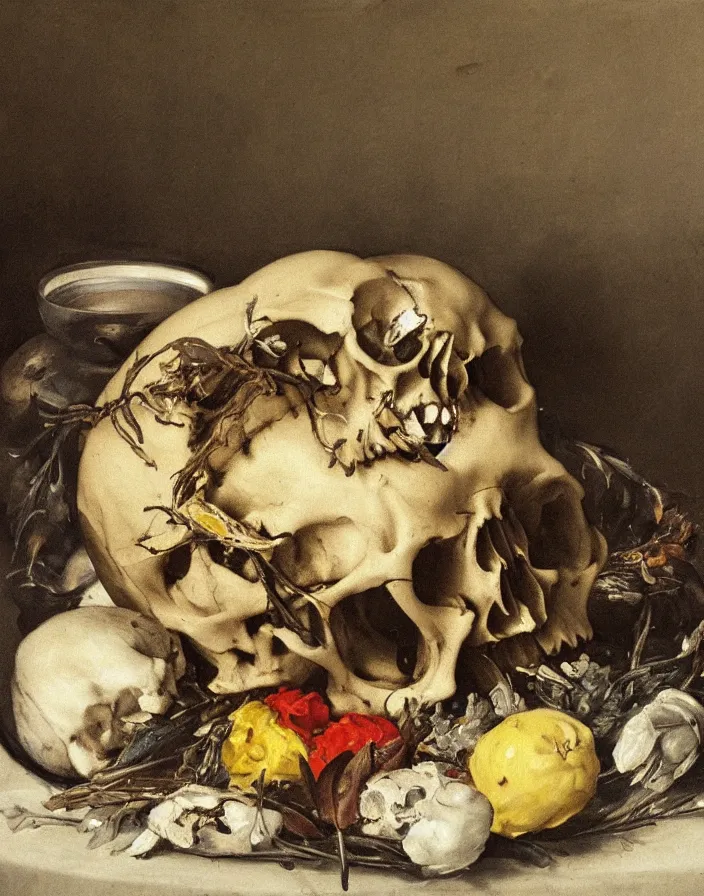 Image similar to still life painting with one skull on a silver platter surrounded by dead flowers and rotten fruit, light from one candle by Diego Velázquez and francisco goya, anatomical, realistic, wet, slimy