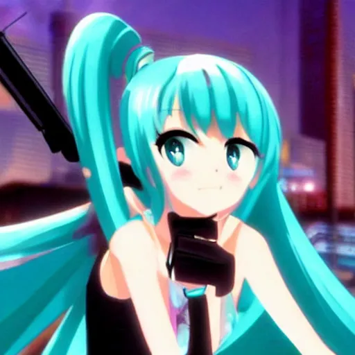 Image similar to a screenshot of hatsune miku in the film pulp fiction ( 2 0 0 1 )