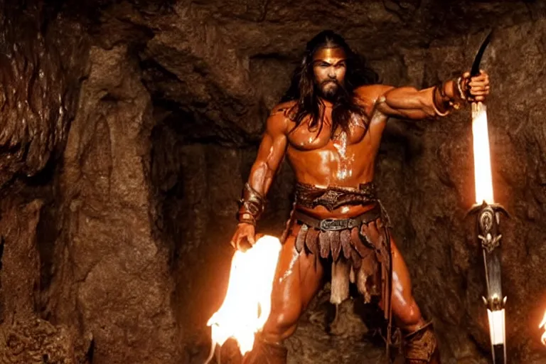 Prompt: film still from conan the barbarian, jason momoa as conan holding a torch in the catacombs of evil, fantasy armor, volumetric lighting, mist, wet skin and windblown hair, muscular!!!, masculine pose, ridley scott