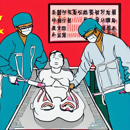 Image similar to chinese surgeons operating on a body on an operating table, in the style of daniel johnston and outsider art, 8k, line brush, minimal, overlaid with chinese adverts