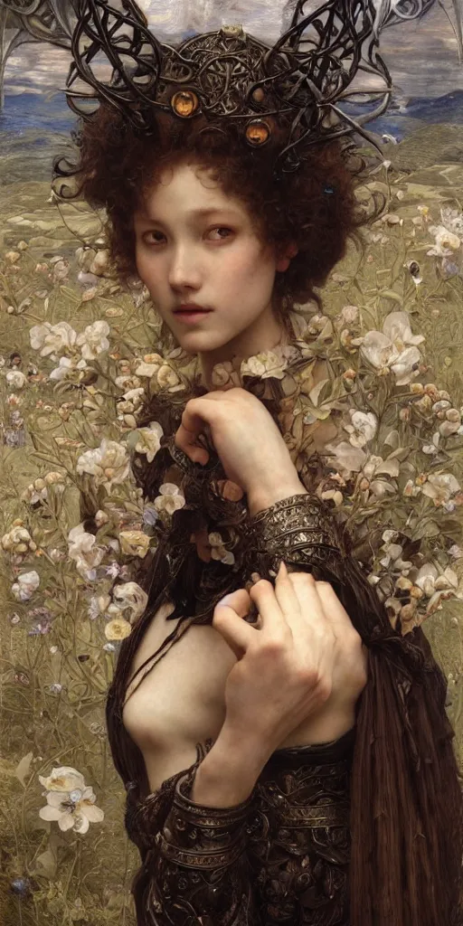 Image similar to masterpiece veracious pertinence salve Reginae, masterpiece by Edgar Maxence and Ross Tran and Michael Whelan and Caravaggio artistic, intricate drawing, realistic fantasy, extremely detailed and beautiful aesthetic celtic face, establishing shot, 8k resolution, dramatic lighting,