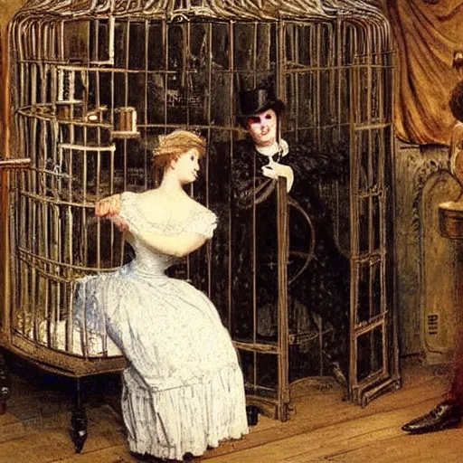 Image similar to young victorian woman solving an escape room riddle, while young victorian man is trapped in a cage, painted by alfred stevens