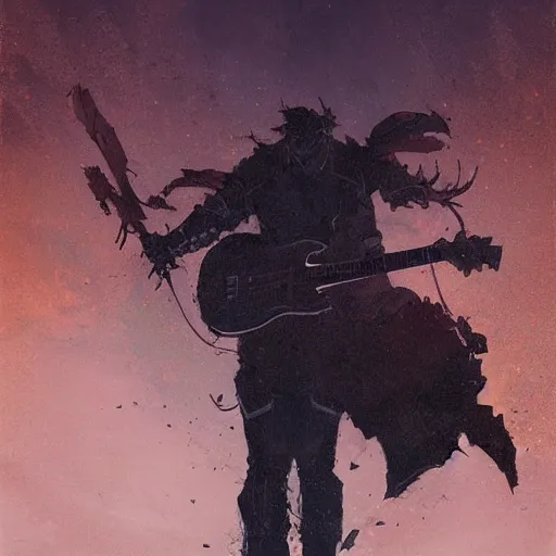 Image similar to flying v guitar in hand of man by greg rutkowski