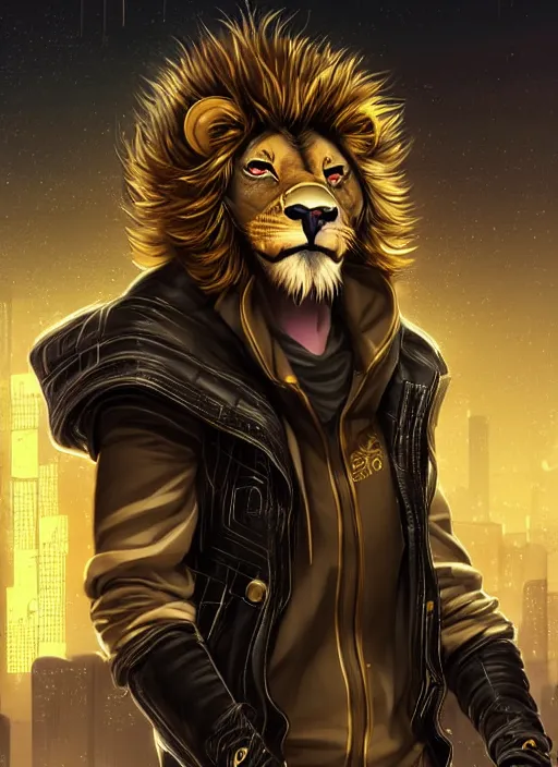 Image similar to award winning beautiful portrait commission of a male furry anthro lion fursona with a tail and a cute beautiful attractive detailed furry face wearing stylish black and gold cyberpunk clothes in a cyberpunk city at night while it rains. Character design by charlie bowater, ross tran, artgerm, and makoto shinkai, detailed, inked, western comic book art