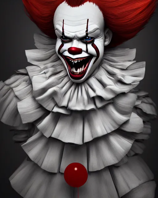 Prompt: portrait of pennywise mixed with batman, character design by mark ryden and pixar and hayao miyazaki, unreal 5, daz, hyperrealistic, octane render, cosplay, rpg portrait, dynamic lighting, intricate detail, summer vibrancy, cinematic