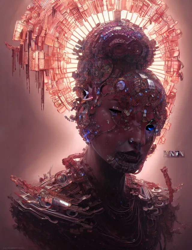 Image similar to asura from chinese myth, ghost, gorgeous and huge head ornaments, dystopian, cyberpunk, organic fractal mycelum and fungi, mecha, halfturn portrait of a big crystal face made of crystals half - turn, ominous, intricate, studio, art by anthony macbain + greg rutkowski + alphonse mucha, concept art, 4 k, sharp focus