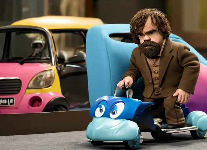 Image similar to peter dinklage tikes cozy coupe, movie still, from the new the wrestler movie, 8 k, realistic