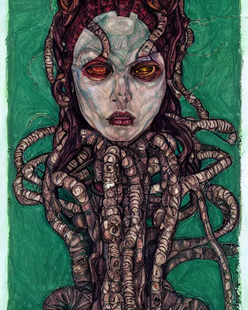 Image similar to portrait of cyberpunk medusa by egon schiele in the style of greg rutkowski