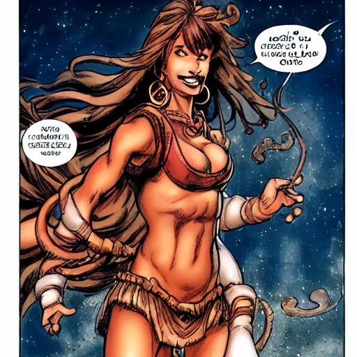 Image similar to a young female brown skinned brown haired genie, with abs, emerging from a lamp, rippling with magic, smiling enthusiastically appearing as a character in volume 6 of Metabarons, drawn by Mobius - masterpiece of evocative linework and expressive colours