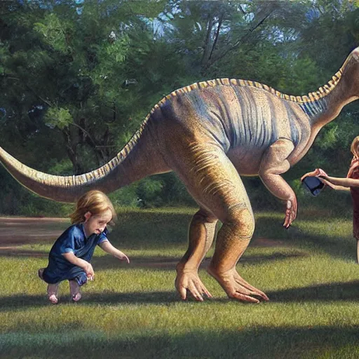 Prompt: dinosaur playing with a young girl by James Gurney