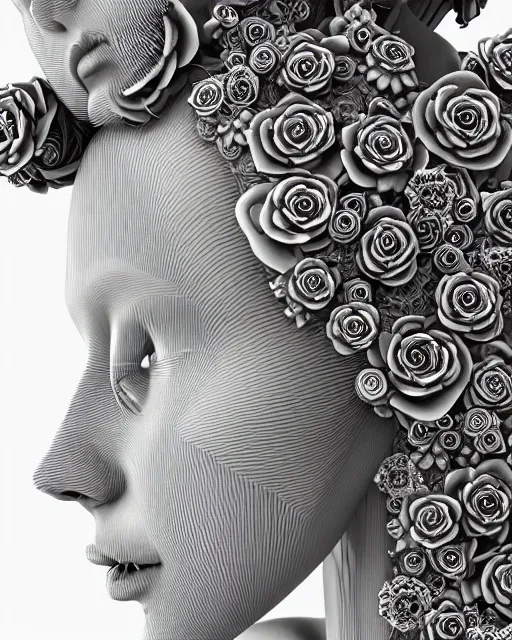 Image similar to mythical dreamy black and white organic bio-mechanical spinal ribbed profile face portrait detail of translucent steampunk beautiful female angelic-human-queen-vegetal-cyborg, highly detailed, intricate trnaslucent ivy jelly ornate, poetic, translucent roses ornate, 3D render, digital art, octane render, 8K artistic photography, photo-realistic, by Dora Maar