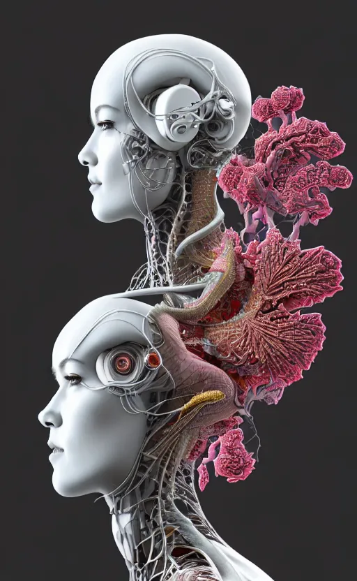 Image similar to 3D render of a beautiful profile face portrait of a female dragon-cyborg, 150 mm, flowers, Mandelbrot fractal, anatomical, flesh, facial muscles, wires, microchip, veins, arteries, full frame, microscopic, elegant, highly detailed, flesh ornate, elegant, high fashion, rim light, octane render in the style of H.R. Giger and Bouguereau