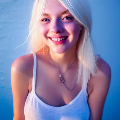 Image similar to beautiful hyperrealism selfie of a cute 3 d young woman smiling smugly, long light platinum blonde hair, flushed face, small heart - shaped face, cute freckles, light blue eyes, golden hour, 8 k, instagram