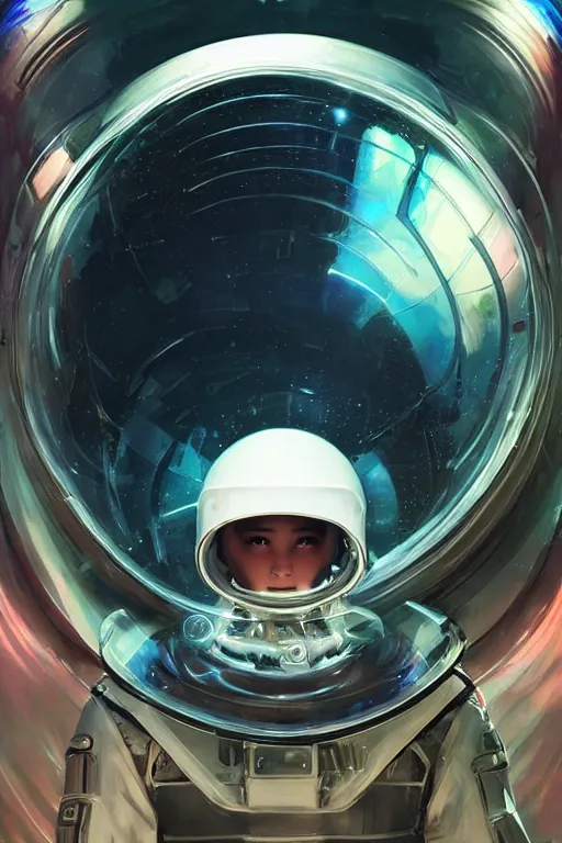 Prompt: a biomechanical head inside a futuristic space helmet, vintage transistors, white plastic, iridescent visor, nebulous gas background, vibrant, emotional, art by Ruan Jia,