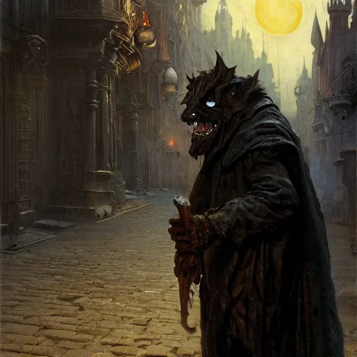 Image similar to a creepy demonic old man stands in the middle of a medieval street and turns into a werewolf under a full moon, painting by gaston bussiere, craig mullins, j. c. leyendecker, 4 k, 8 k, trending on artstation, artstationhd, artstationhq, highest detail