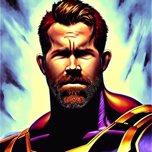 Prompt: greg manchess portrait painting of ryan reynolds as thanos!!! evil, sad! with a ginger cat as overwatch character, medium shot, asymmetrical, profile picture, organic painting, sunny day, matte painting, bold shapes, hard edges, street art, trending on artstation, by huang guangjian and gil elvgren and sachin teng