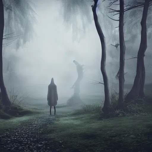 Image similar to spectres in the enchanted forest covered by foggy clouds of mist haul at the lone traveller of the roads, twilight, dreamy sequence, macabre spectacle, skeletal figures, curious, solitude, uneasy, octane, unreal 5, cinematic, 8 k uhd, intricate detail, hyperrealist, sharp, photoshop, polished, edited