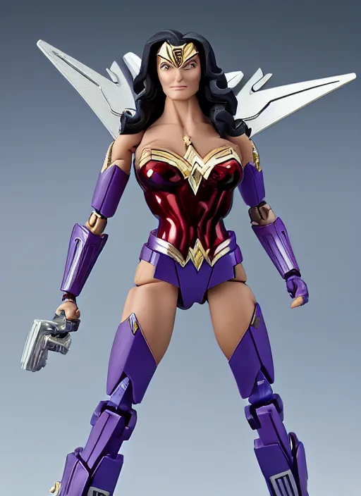 Image similar to transformers decepticon lynda carter's wonder woman action figure from transformers : kingdom, pvc figurine, symmetrical details, gunpla, android, robot girl, by hasbro, takaratomy, tfwiki. net photography, product photography, official media