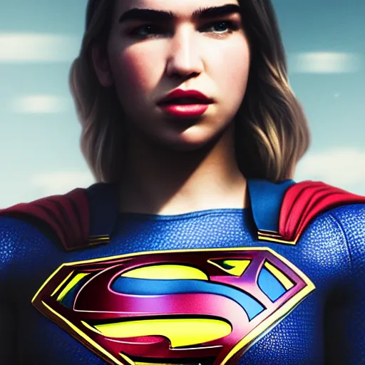 Prompt: a potrait of dua lipa potrayed as Supergirl by Zack Snyder, Christopher Nolan, 8k photorealistic, cinematic lighting, HD, high details, dramatic, trending on artstation, above view, dark atmosphere,