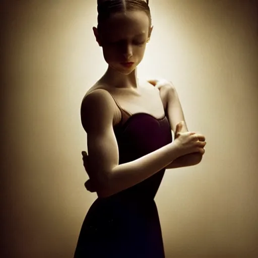 Image similar to portrait of a ballerina with a beautiful porcelain face, cinematic light and reflections, beautiful dreamy lighting, photographed by annie leibovitz,