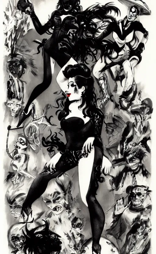 Image similar to goth girl with a detailed face and black hair below with a full moon above in the sky, burlesque psychobilly, rockabilly, punk, white background, drawing, illustration by frank frazetta