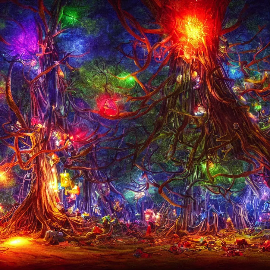 Image similar to closeup of a night carnival inside a tree cavity in a magical forest in the middle of a summer storm, with a music scenario with many fireworks and christmas lights, volumetric lightning, instense god rays in the sky, folklore people disguised with fantastic creatures in a magical forest by summer night, masterpiece painted by koson ohara, very coherent and colorful high contrast masterpiece,