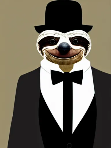 Prompt: full body portrait of anthropomorphic sloth in formalwear : : debonair, gq, noir : : digital art, concept art, digital illustration, photorealism, hyperreal