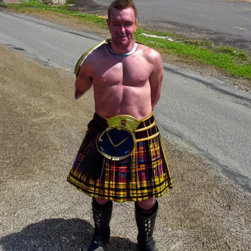 Prompt: gladiator wearing a kilt made of road signs