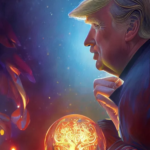 Image similar to ultra realistic illustration of magical president trump, forest, fantasy, colorful lights, intricate, elegant, highly detailed, digital painting, artstation, concept art, smooth, sharp focus, illustration, art by artgerm and greg rutkowski and alphonse mucha