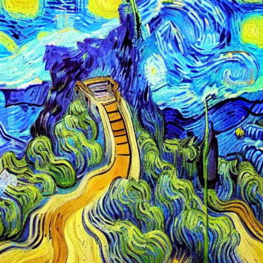 Prompt: Great Wall, Van Gogh-style oil painting