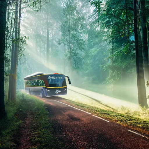 Prompt: very creative livery on big commercial bus in misty forest scene, the sun shining through the trees