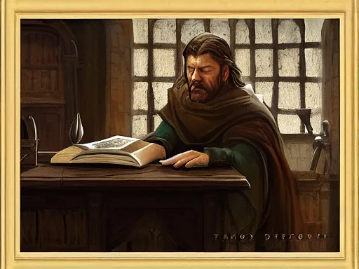 Prompt: portrait of Lord Ned Stark sitting thoughtfully at a medieval desk, reding an ancient book, elegant, digital painting, sharp focus, painted by Marc Simonetti