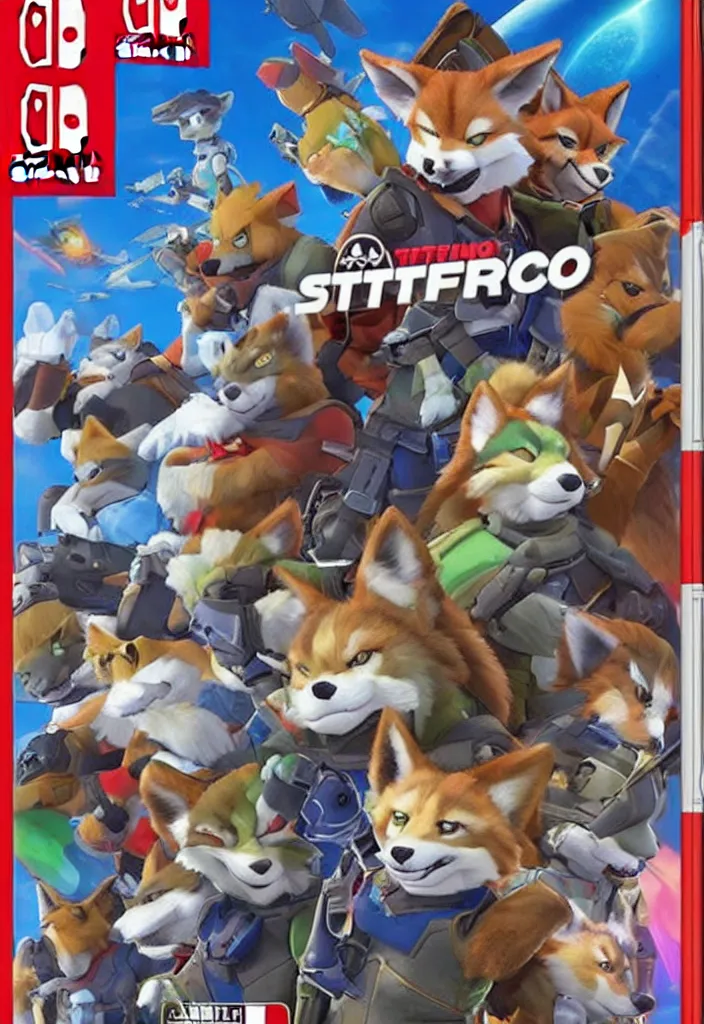 Image similar to nintendo switch box cover of a new starfox spinoff action game featuring anthro fursona furry wolf o'donnell and his space cadet crew, rated t for teen