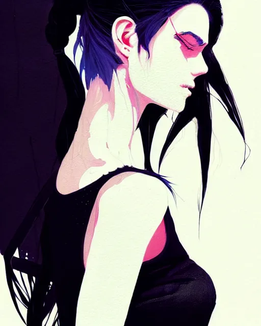 Image similar to a ultradetailed beautiful painting of a stylish woman, she is wearing a black tank top and jeans, she has white hair in a pony tail, by conrad roset, greg rutkowski and makoto shinkai trending on artstation