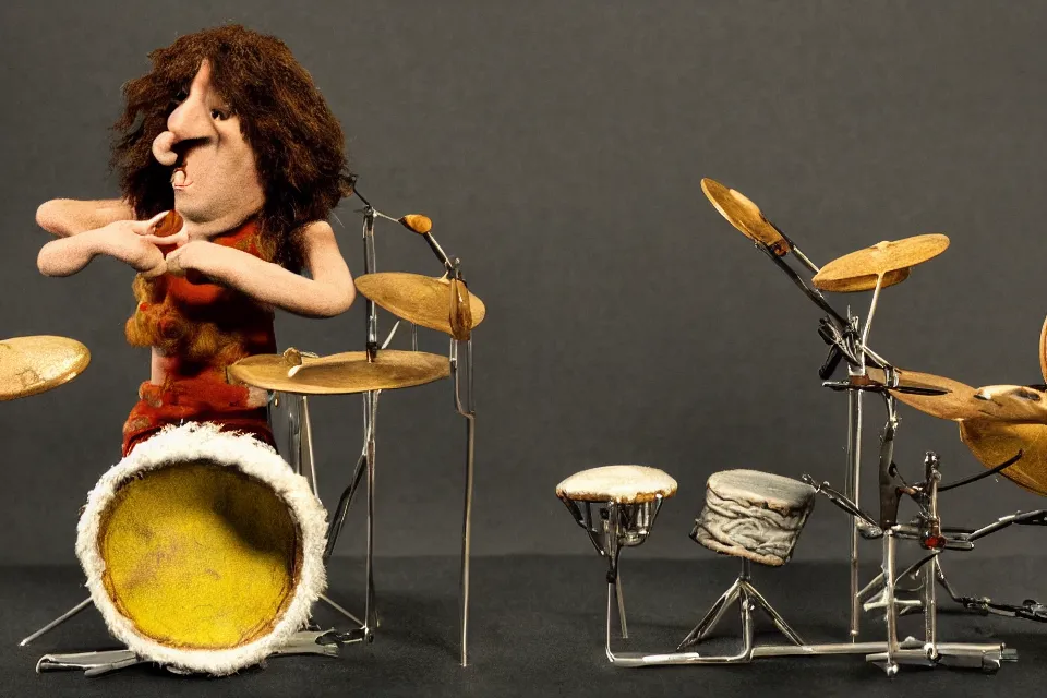 Image similar to a claymation film still of a curly long hair drummer playing the drum set. claymation by bruce bickford