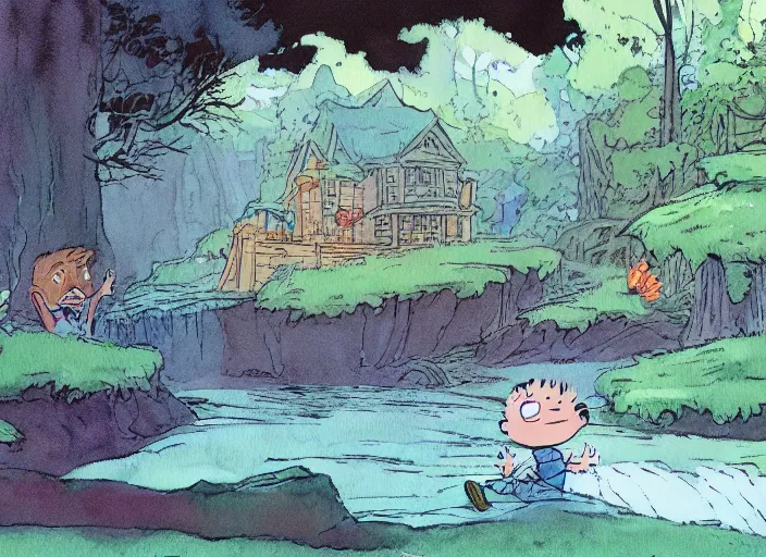 Image similar to First image from Bill Watterson's gorgeous hand-animated film Chagrin Falls, watercolor, cel-shading, 8k print