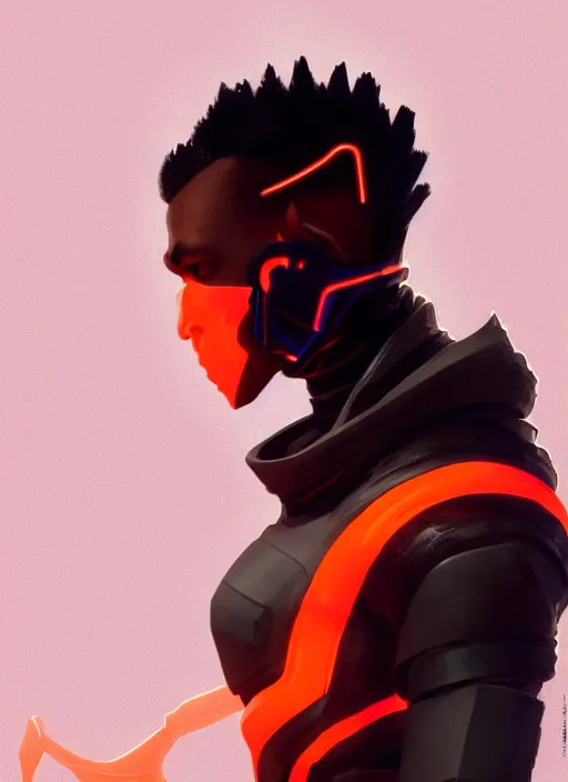 Image similar to full body side profile of a young black man with a mohawk wearing futuristic techwear, highly detailed clothing, angular jawline, digital painting, artstation, concept art, smooth, sharp focus, glowing orange light, digital illustration, art by wlop, uang guangjian and gil elvgren and sachin teng and greg rutkowski