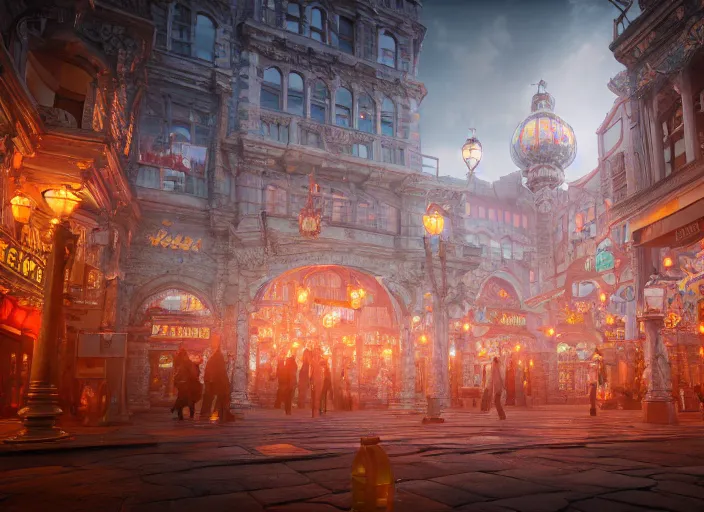 Image similar to inside a wonderland city, highly detailed, 8 k, hdr, award - winning, octane render, trending on artstation, volumetric lighting